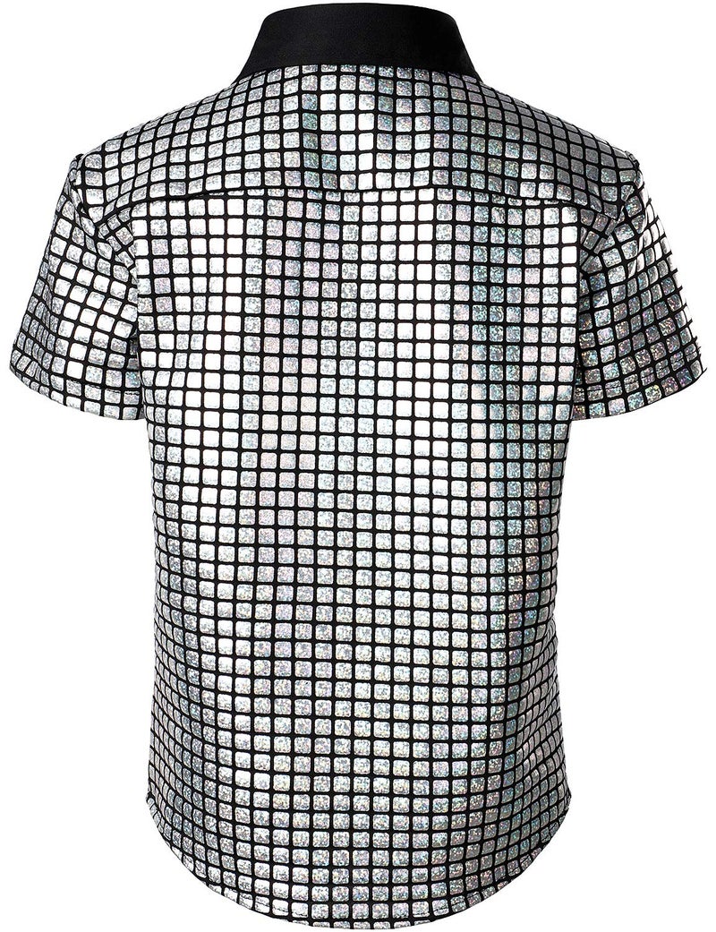 JOGAL Boy's Dress Shirt Sequins Button Down Shirts 70s Disco Party Costume 6 Silver - Image 2